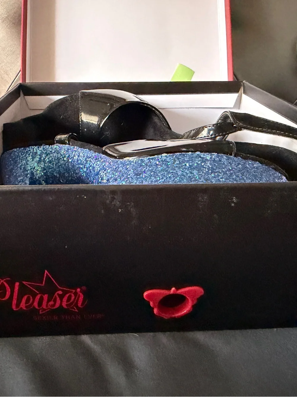 Pleaser Blue Glitter Platform Sky Sandal with Black Patent Straps